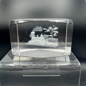 3D Laser Etched Crystal Block With Rural Landscape Train Scene & Tree Design